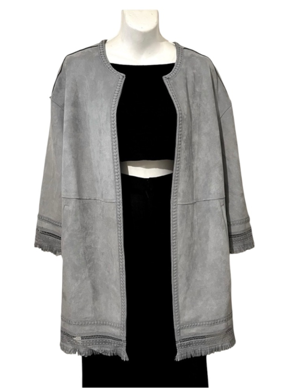 Andrew Marc Women’s Faux Suede Drop Shoulder Embroidered Fringe Hem Jacket